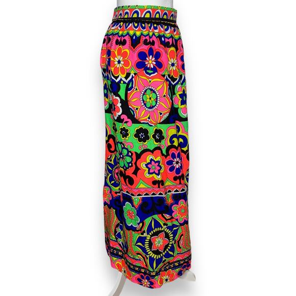 Vintage 60s 70s neon psychedelic floral print barkcloth maxi skirt SZ S / 6 - Picture 9 of 10